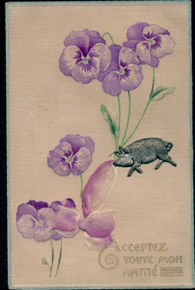 Material Ak Glückwunsch, Stiefmütterchen, Schwein