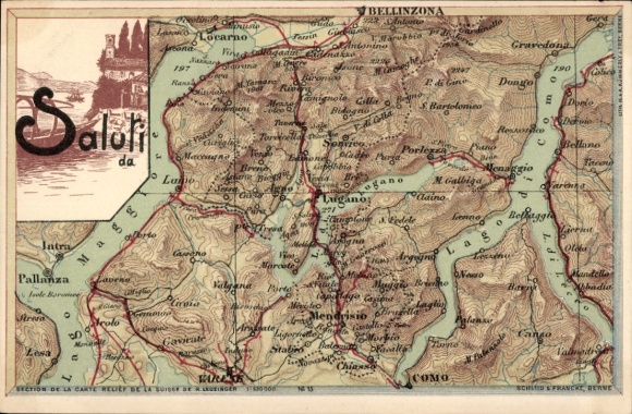 Landkarten Ak Bellinzona Kanton Tessin, Lugano