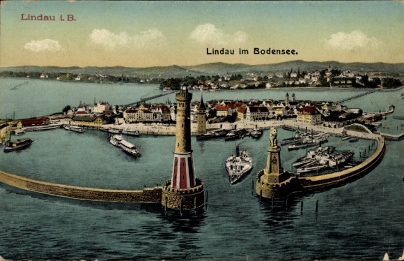 Ak Lindau am Bodensee Schwaben, Panorama, Hafen, Leuchtturm