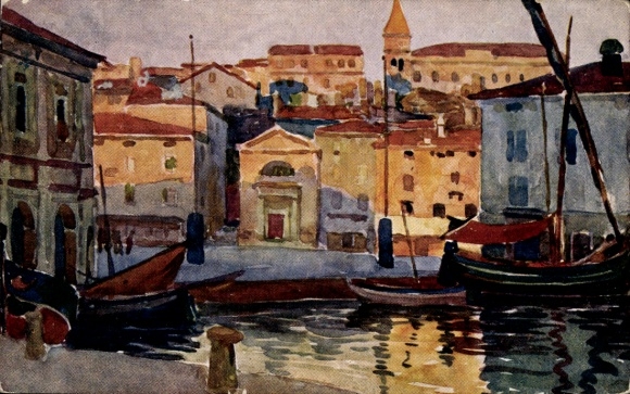 Künstler Ak Pirano Piran Slowenien, Hafenpartie