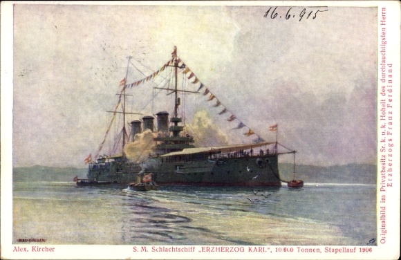 Künstler Ak Kircher, Alex, Österreichisches Kriegsschiff, SMS Erzherzog Karl, Schlachtschiff