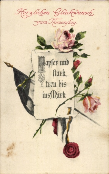 Ak Glückwunsch Namenstag, Rosen, Fahne