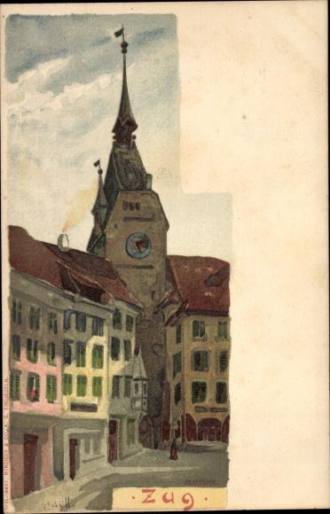 Künstler Litho Zug Stadt Schweiz, Stadtansicht, Rathausturm