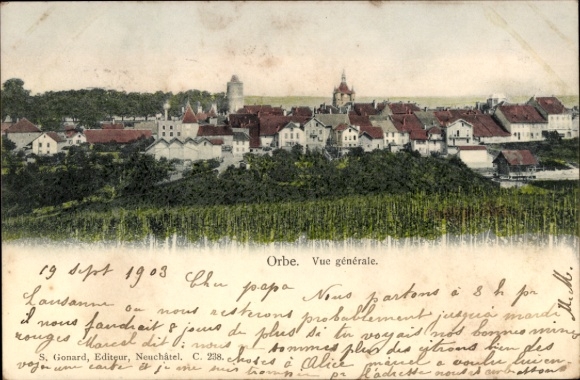 Ak Orbe Kanton Waadt Schweiz,  allgemeine Ansicht, Landschaft, Häuser, 1903
