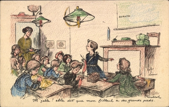 Künstler Ak Poulbot, Im Unterricht, Junges Mädchen beim Stricken