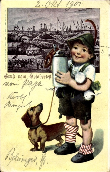 Passepartout Ak München, Oktoberfest, Kind mit Bierkrug, Hofbräuhaus, Dackel