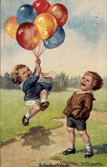Künstler Ak Fialkowska, Wally, Schadenfreude, Kind mit vielen Luftballons
