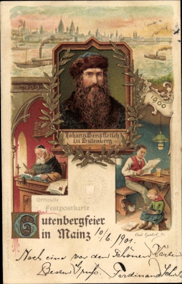 Künstler Litho Mainz am Rhein, Gutenbergfeier 1900, Johann Gensfleisch zu Gutenberg