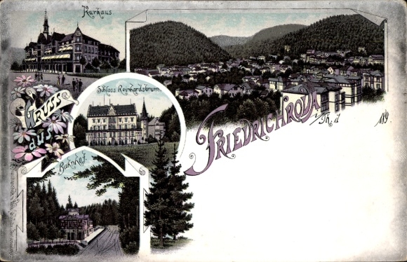 Litho Friedrichroda im Thüringer Wald, Schloss Reinhardsbrunn, Bahnhof, Kurhaus, Totalansicht