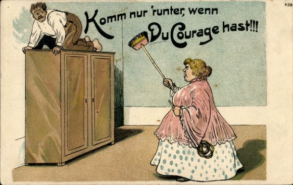 Ak Komm nur runter, wenn Du Courage hast, Frau droht Mann mit einem Besen, BB&OL