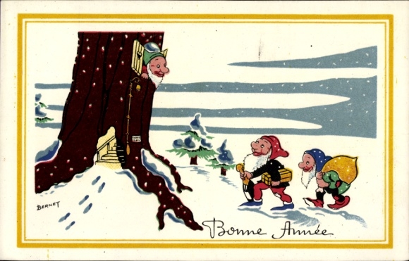 Künstler Ak Bernet, Fröhliches Neujahr, Zwerge, Haus in einem Baumstamm