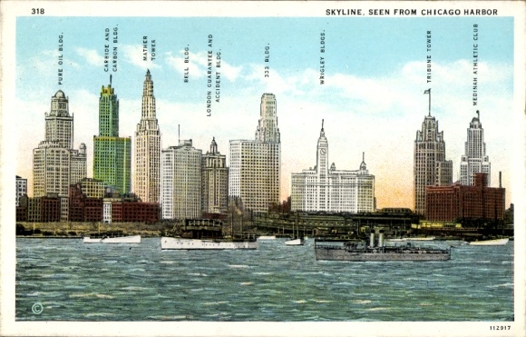 Ak Chicago Illinois USA, Skyline von  Pure Oil Building, Mather Tower, Tribune Tower, Medinah Ath