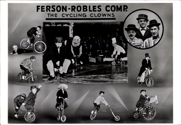 Ak Ferson Robles Comp., fahrradfahrende Clowns