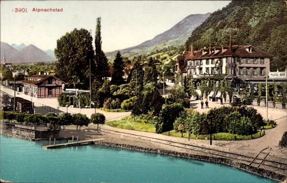 Ak Alpnachstad Alpnach Kt Obwalden Schweiz,  See, Berge, Hotel, Menschen, Bäume
