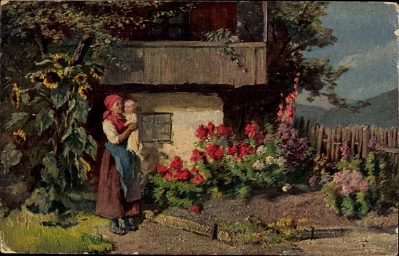 Künstler Ak Schultheiß, C., Ein Sommertag, Frau mit Kind im Garten