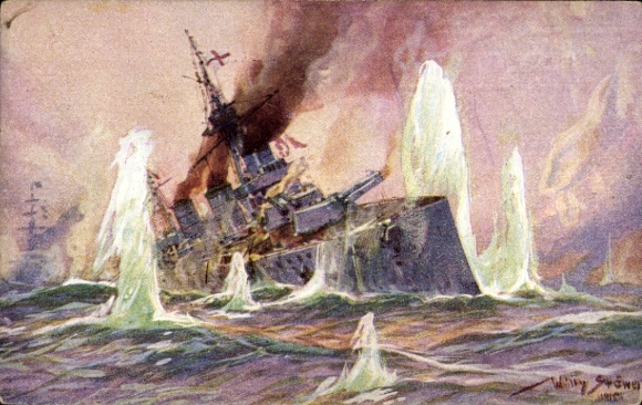 Künstler Ak Stöwer, Willy, Seegefecht Nordsee 1915, Englischer Schlachtkreuzer, deutsche Kreuzer
