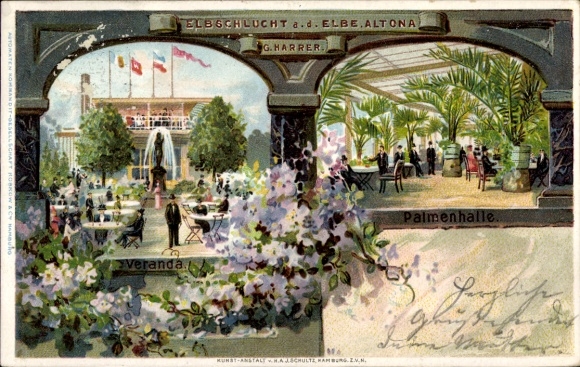 Litho Hamburg Altona, Elbschlucht an der Elbe, Bes. G. Harrer, Veranda, Palmenhalle