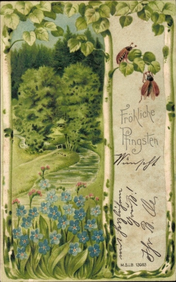 Künstler Ak Fröhliche Pfingsten, Maikäfer, Birke