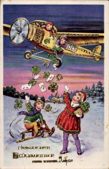 Ak Glückwunsch Neujahr, Kinder, Flugzeug, Glücksklee, Schlitten