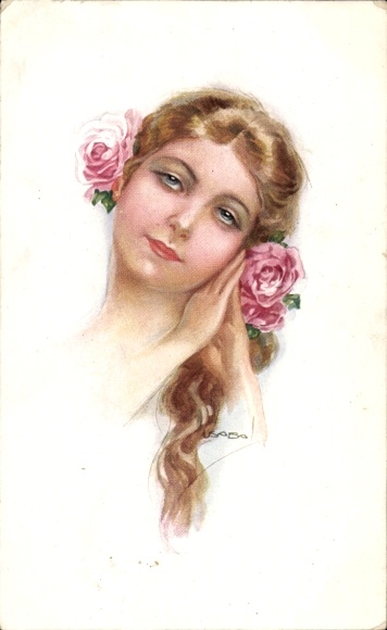 Künstler Ak Usabal, Luis, Frauenbildnis, junge Frau, Portrait, Rosen im Haar