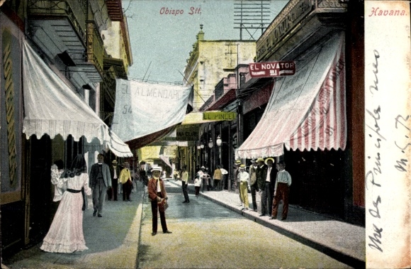 Ak Havana Havanna Habana Kuba, Obispo Straße, Geschäfte, Menschen, Havana