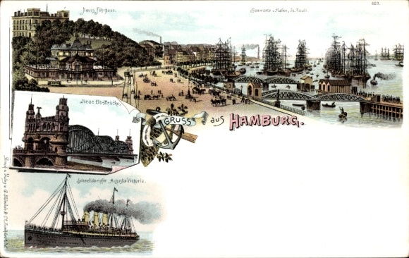 Litho Hamburg St. Pauli, Seewarte, Neues Fährhaus, Hafen, Elbbrücke, Schnelldampfer Augusta Victoria
