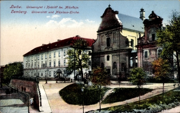 Ak Lwiw Lwów Lemberg Léopol Ukraine,  Universität, Nikolauskirche, farbige 