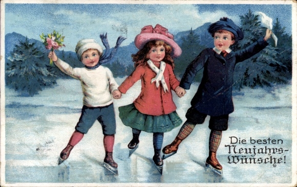 Ak Glückwunsch Neujahr, Kinder beim Schlittschuhlaufen