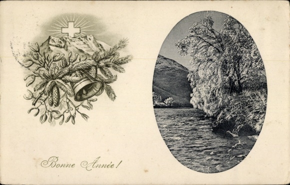 Ak Glückwunsch zum Neuen Jahr, Weide am Ufer, Glocke