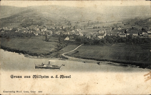 Ak Mülheim an der Mosel, Landschaft mit Mosel, Dampfschiff,  1901