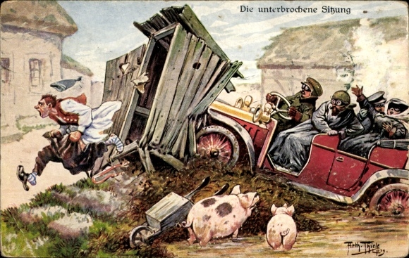 Künstler Ak Thiele, Arthur, Unterbrochene Sitzung, Auto fährt in Klohäuschen