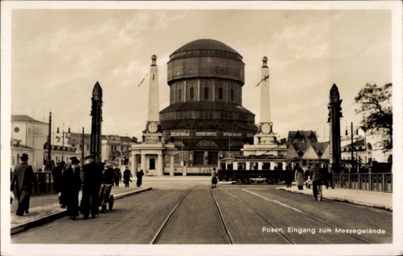 Ak Poznań Posen, Eingang zum Messegelände, Straßenbahn