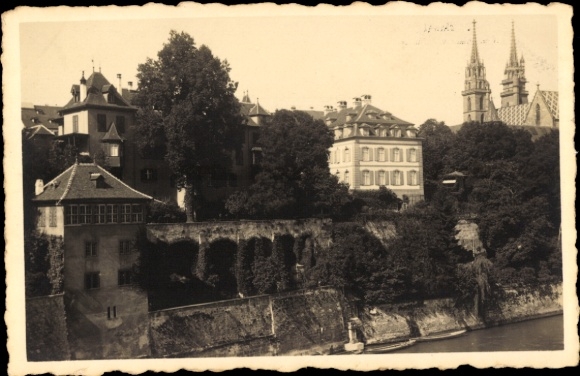 Ak Basel Bâle Stadt Schweiz,  Rheinpfalz, Münster,  Gebäude, Bäume, Wasser