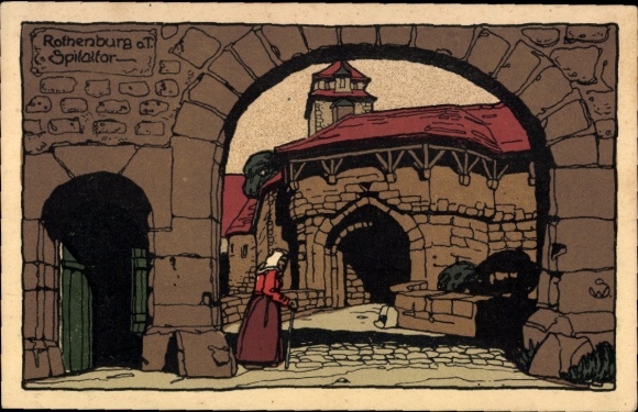 Steindruck Künstler Ak Rothenburg ob der Tauber Mittelfranken, Spitaltor