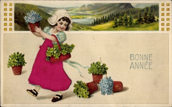 Präge Material Ak Glückwunsch Neujahr, Mädchen, Glücksklee