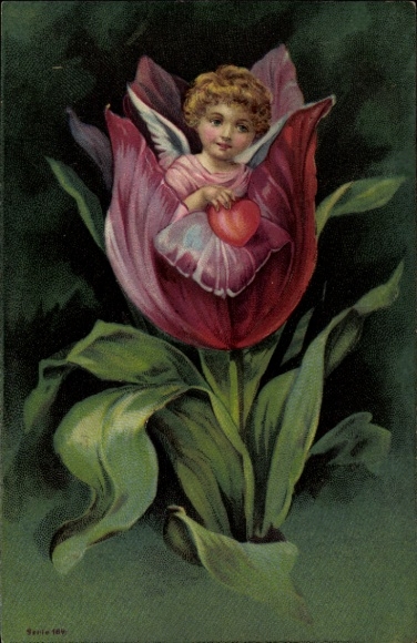 Präge Ak Tulpenblüte, Engel mit Herz