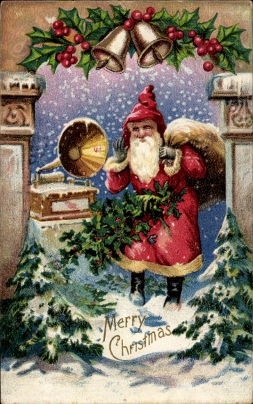 Präge Ak Frohe Weihnachten, Weihnachtsmann, Grammophon, Glocken, Stechpalmenzweige