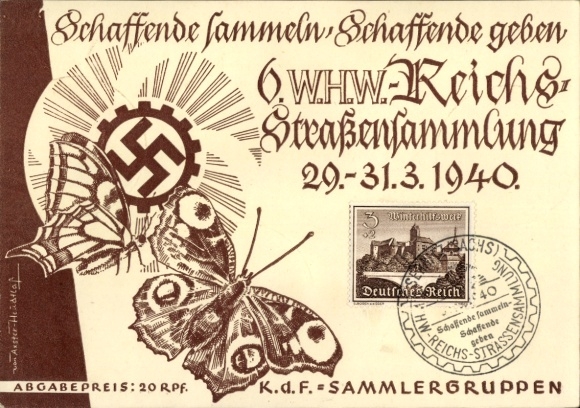 Künstler Ak Axster Heudtlaß, 6 WHW Reichsstraßensammlung 1940, KdF Sammlergruppen, Schmetterling