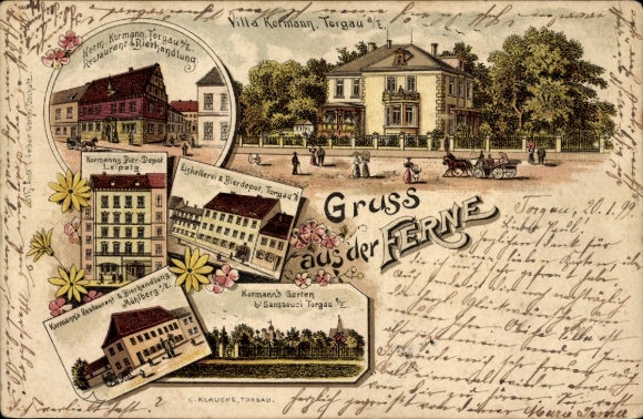 Litho Torgau an der Elbe, Restaurant Herm. Kormann, Villa Kormann, Geschäftshaus Leipzig, Bierdepot