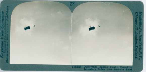 Stereo Foto Observation Balloon fatally pierced by incendiary bullets from American Plane