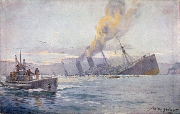 Künstler Ak Stöwer, Willy, Deutsches U Boot, Versenkung eines Truppentransportdampfers