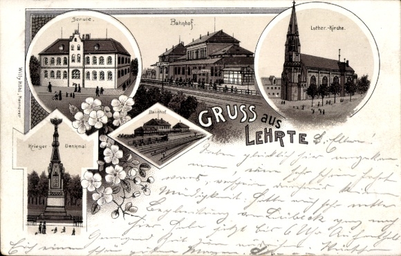 Litho Lehrte Niedersachsen, Schule, Bahnhof, Denkmal, Kirche