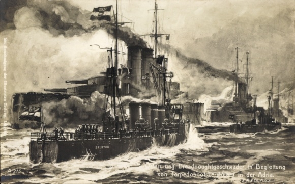 Ak Öster.-ung. Geschwader in Begleitung von Torpedobootszerstörung in der Adria