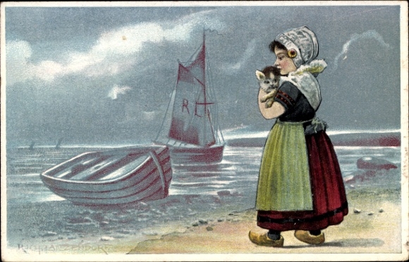 Künstler Ak Mädchen in Niederländischer Tracht, Katze, Segelboot