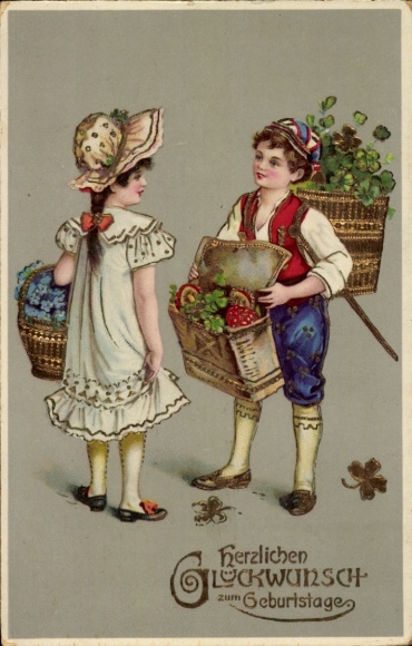 Glitzer Ak Glückwunsch Geburtstag, Klee, Kinder