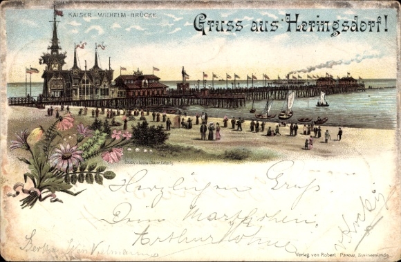 Vorläufer Litho Ostseebad Heringsdorf auf Usedom, Kaiser Wilhelm Brücke, Strandpartie, 1895