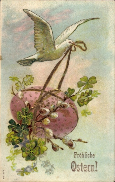 Glitzer Ak Glückwunsch Ostern, weiße Taube, Osterei, Klee