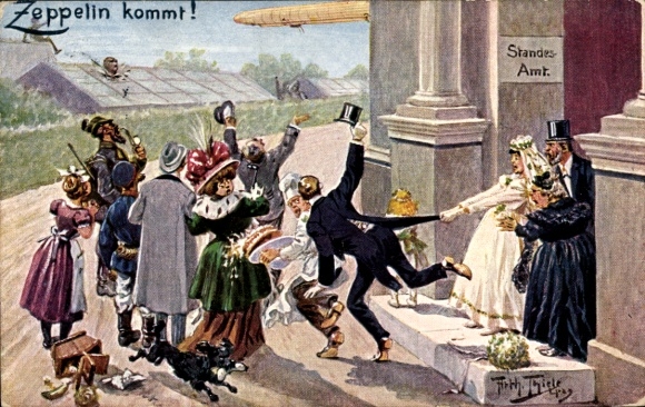Künstler Ak Thiele, Arthur, Zeppelin kommt, Brautpaar vor dem Standesamt