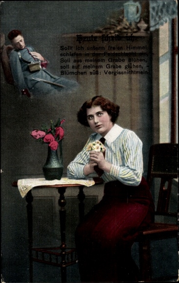 Ak Frau denkt an ihren Mann, Verwundeter Soldat