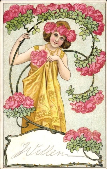 Jugendstil Litho Frau im goldenen Kleid, Rosenranken